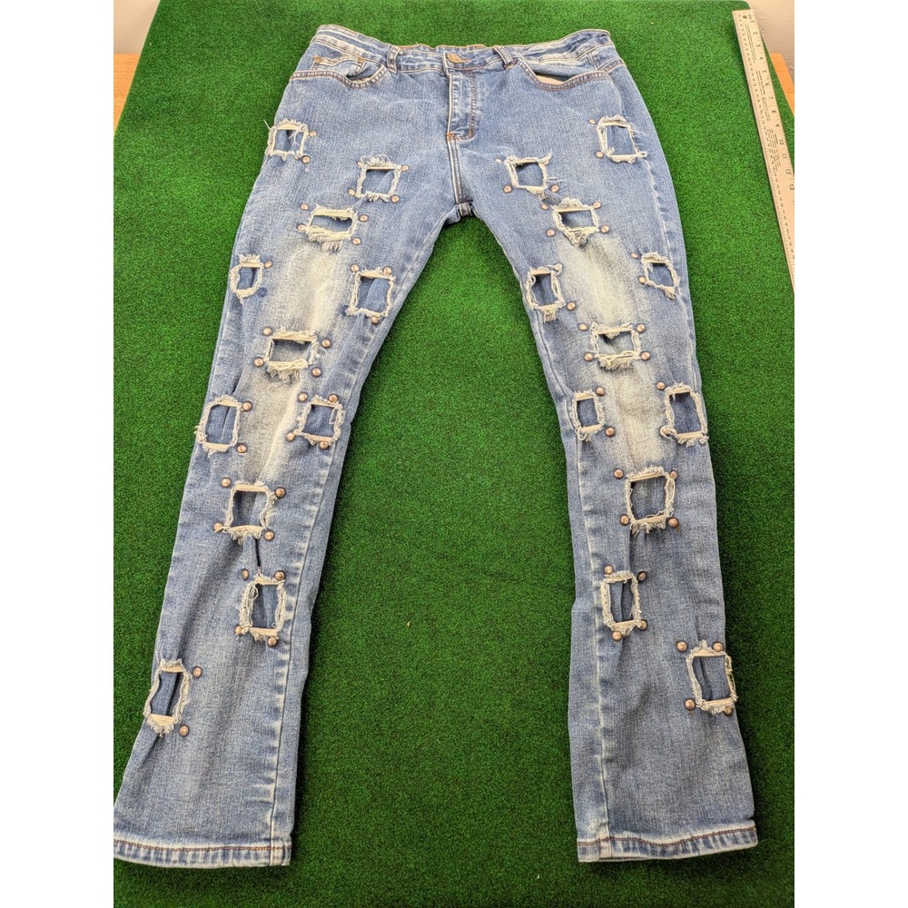 Biepa Jeans Wear Mens Distressed Studded Cut Out Denim Jeans Light Wash Size 36